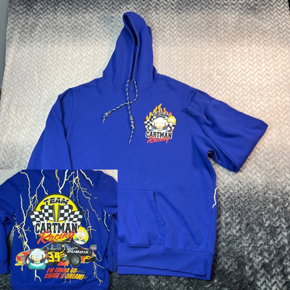 South Park Cartman Racing Hoodie 2XL Sweatshirt Front Back Design Blue